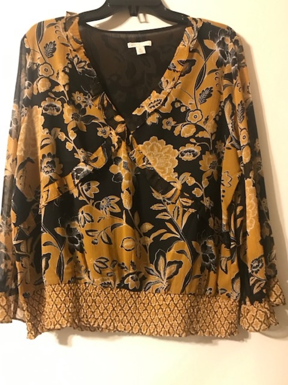 Floral V-Neck Blouse in Mustard and Black